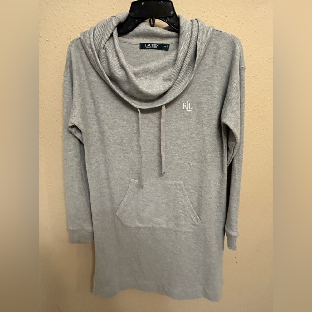 RALPH LAUREN gray long sleeve dress-sweatshirt w/ cowl neck & kangaroo pocket.